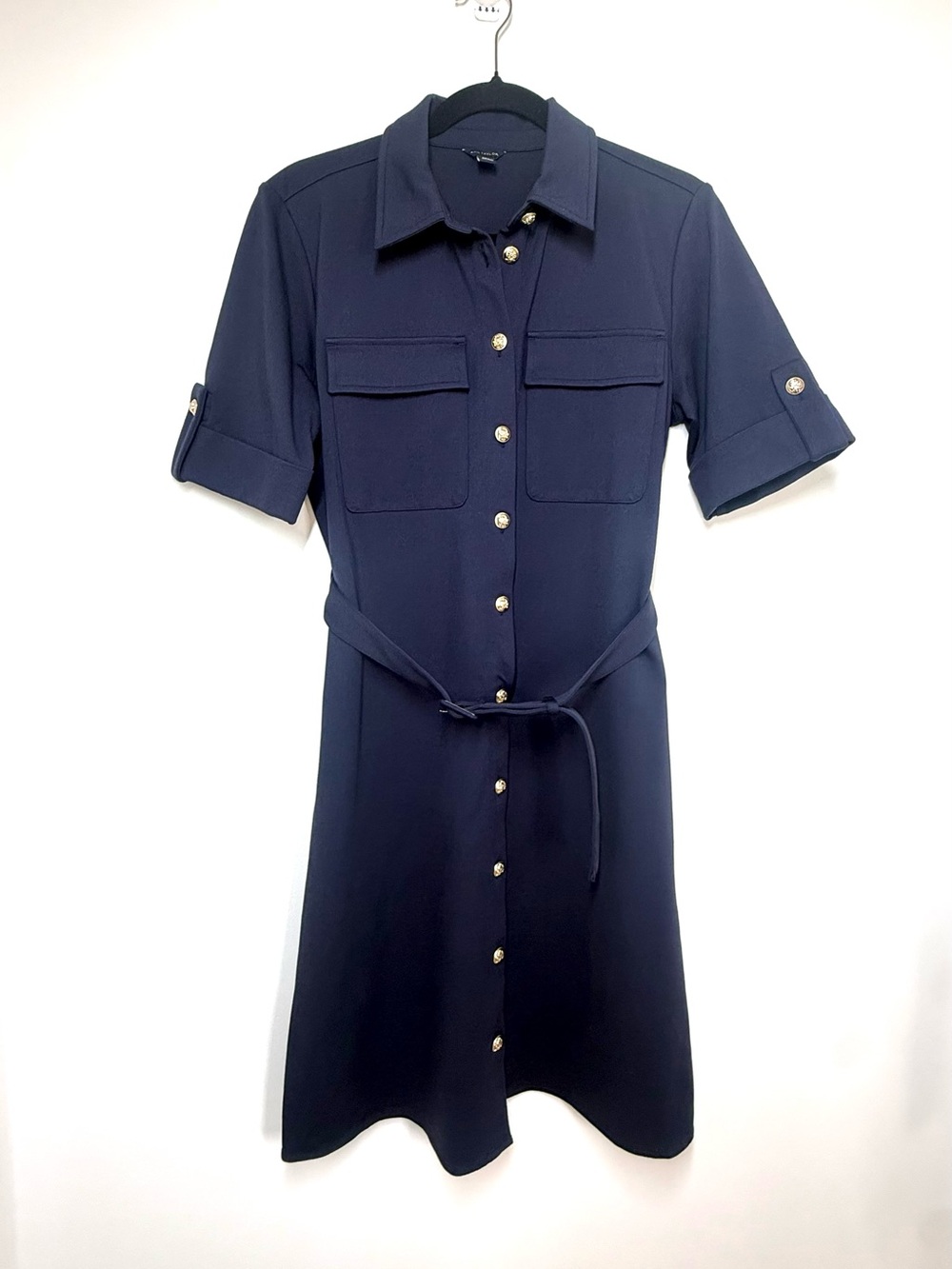 Ann Taylor Navy Shirt Dress with Gold Buttons Preppy Nautical Belted Preppy 6